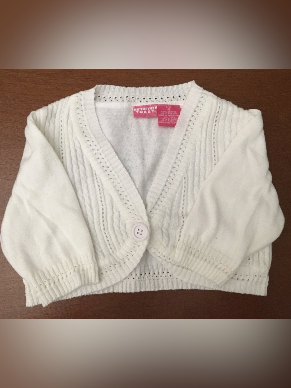 French Toast Girls White Sweater Size 4 One Button Cable Knit